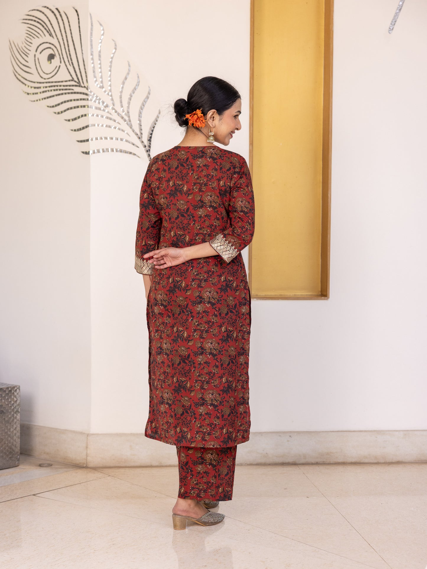 Soft Cotton Floral Straight Maroon Kurta
