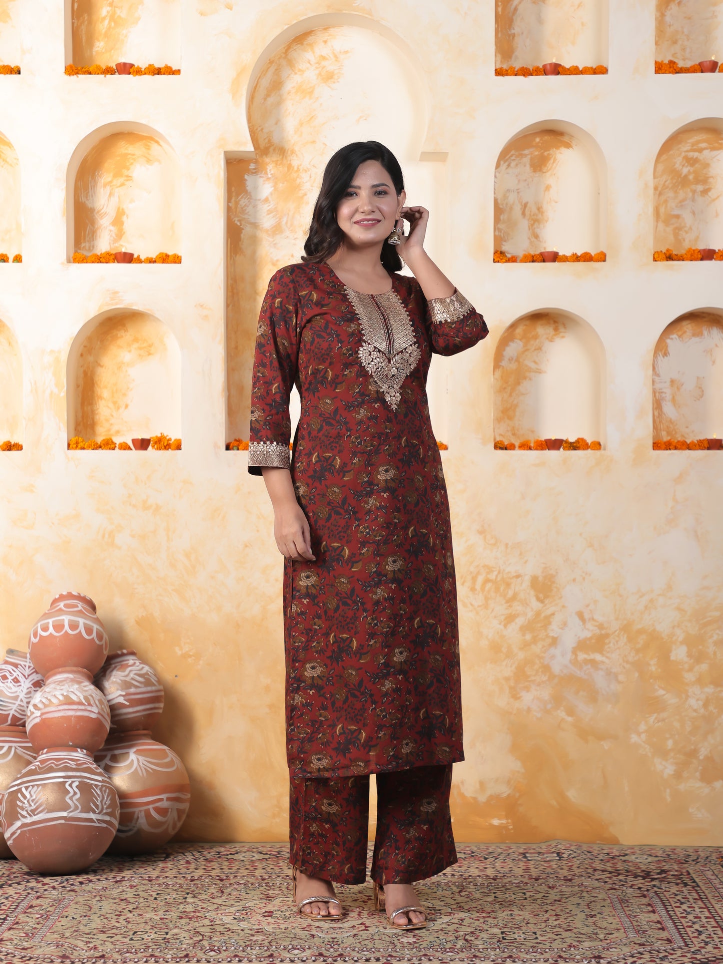 Embroidered Soft Cotton Floral Straight Maroon Kurta