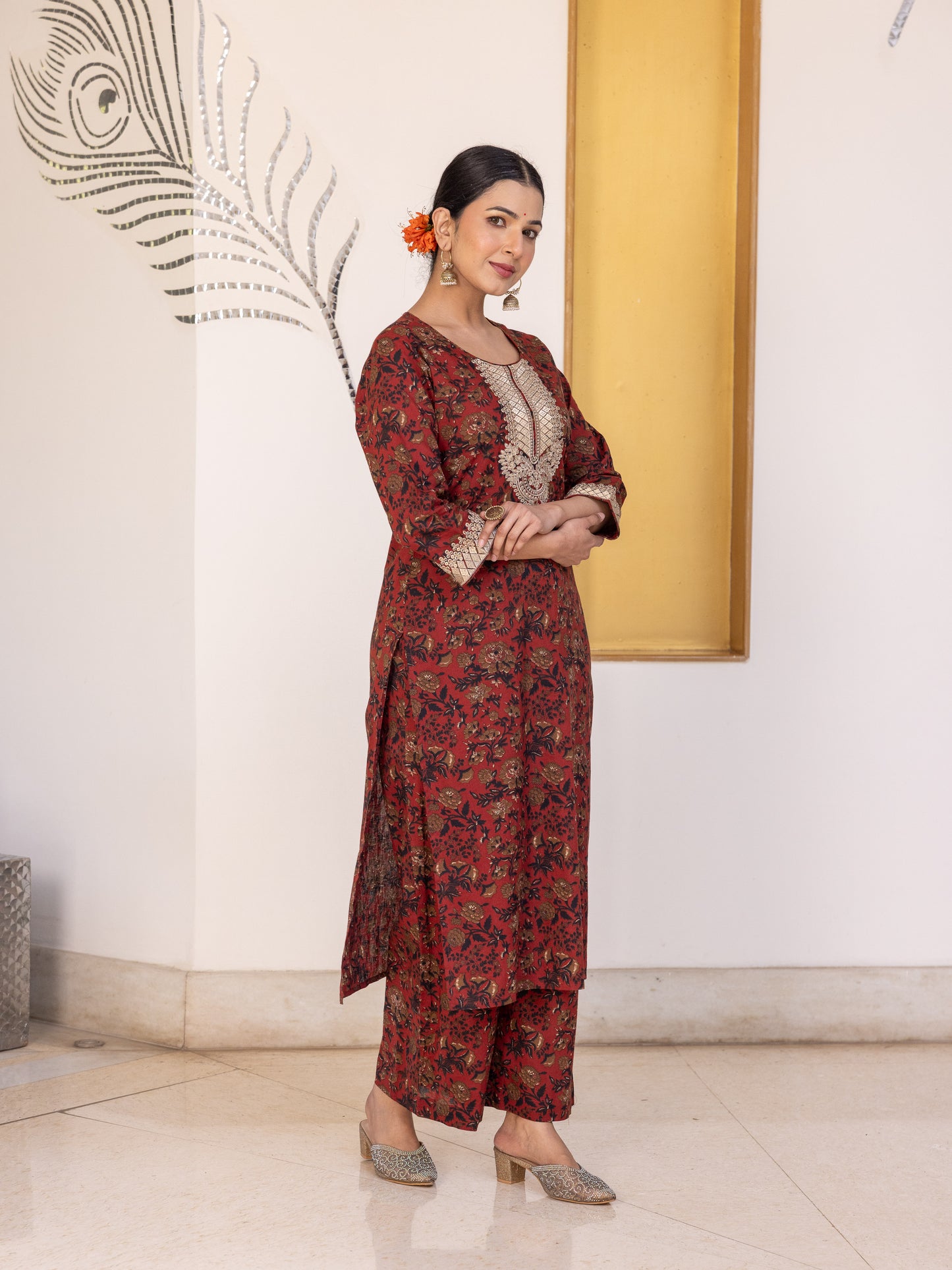 Soft Cotton Floral Straight Maroon Kurta