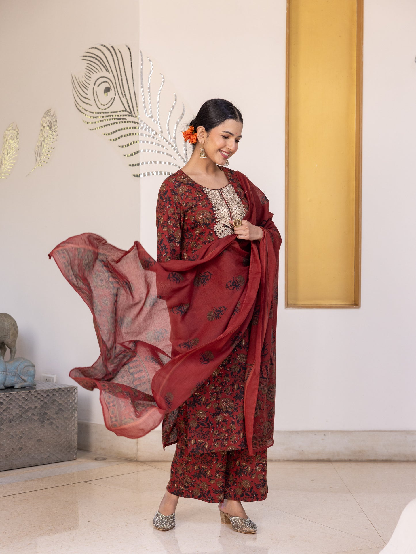 Soft Cotton Floral Straight Maroon Kurta