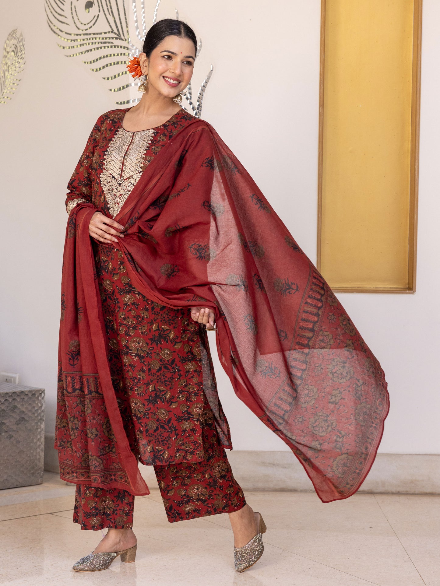 Embroidered Soft Cotton Floral Straight Maroon Kurta