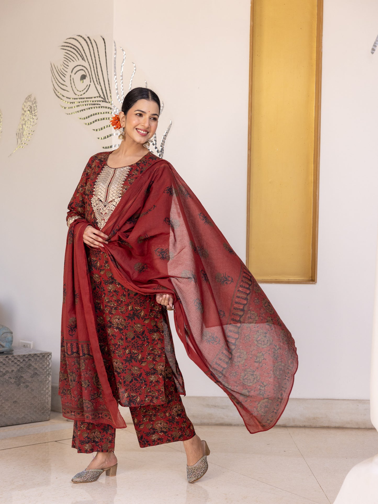 Soft Cotton Floral Straight Maroon Kurta