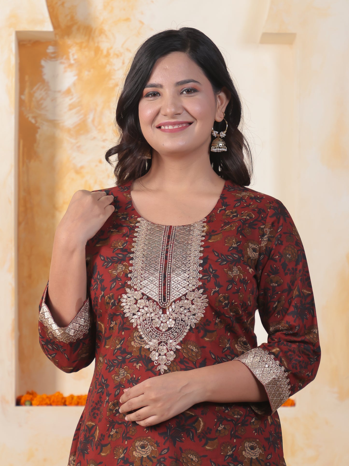 Embroidered Soft Cotton Floral Straight Maroon Kurta