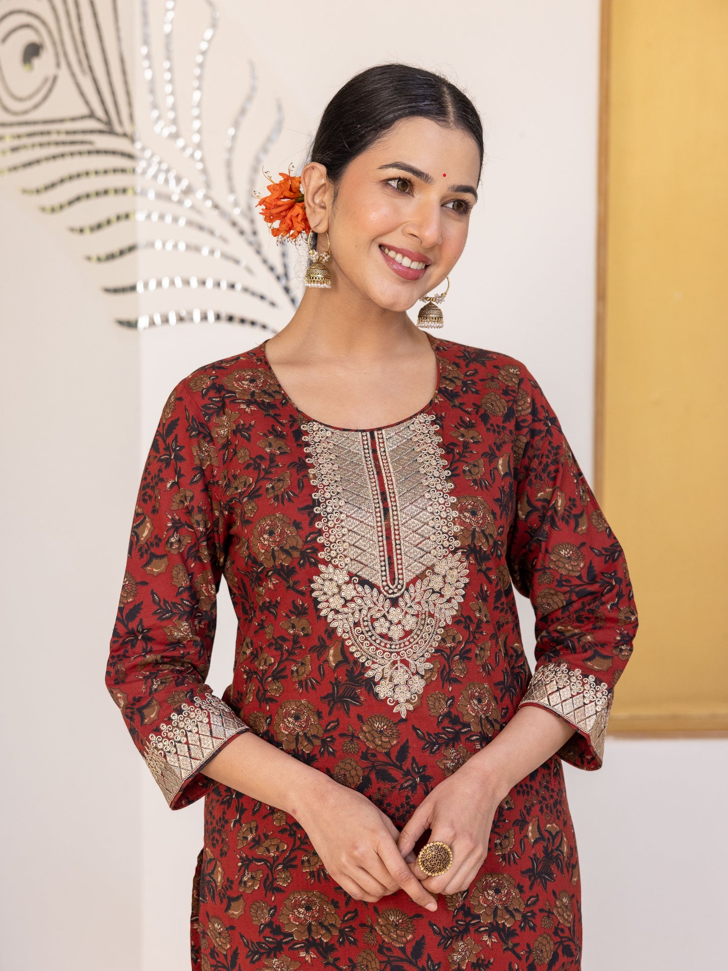 Embroidered Soft Cotton Floral Straight Maroon Kurta
