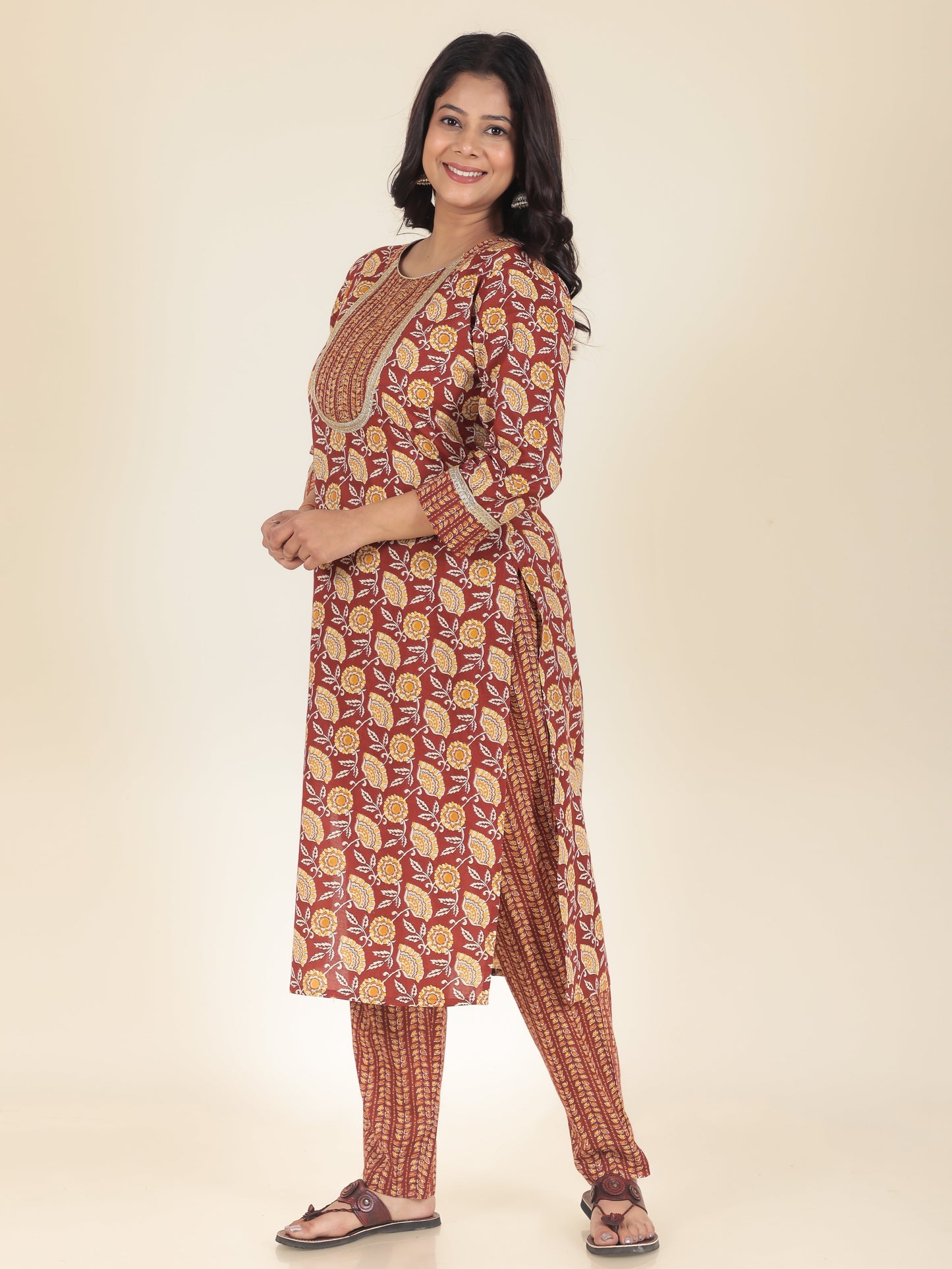 Soft Cotton Floral Straight Red Kurta