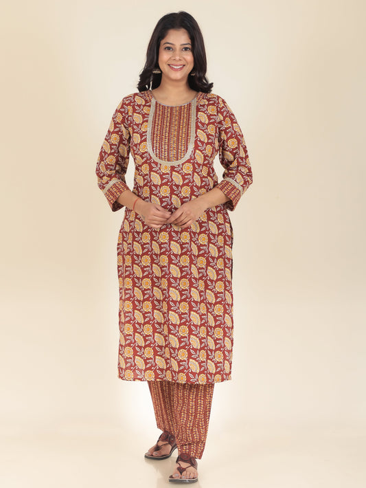 Soft Cotton Floral Straight Red Kurta