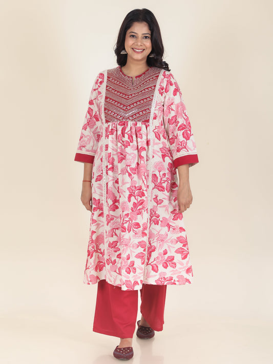 Soft Cotton Floral Panelled White Kurta
