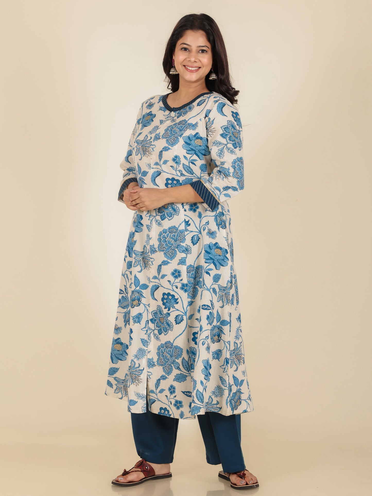 Linen Cotton Floral A-line Cream Kurta