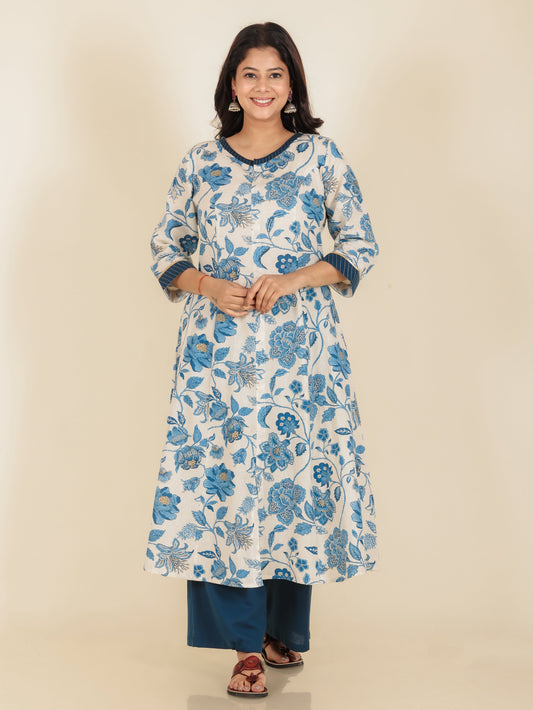 Linen Cotton Floral Flared White Kurta