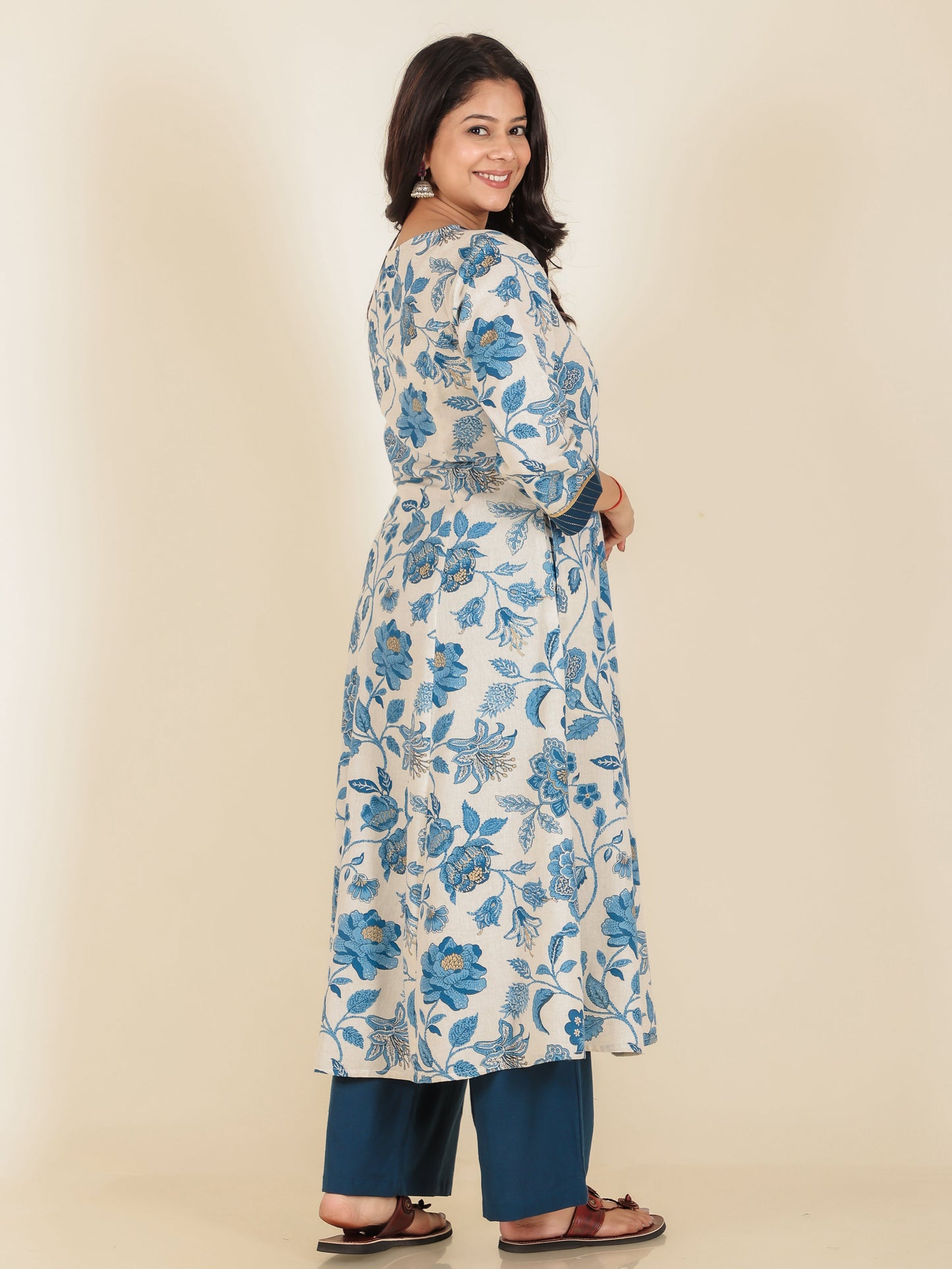 Linen Cotton Floral A-line Cream Kurta