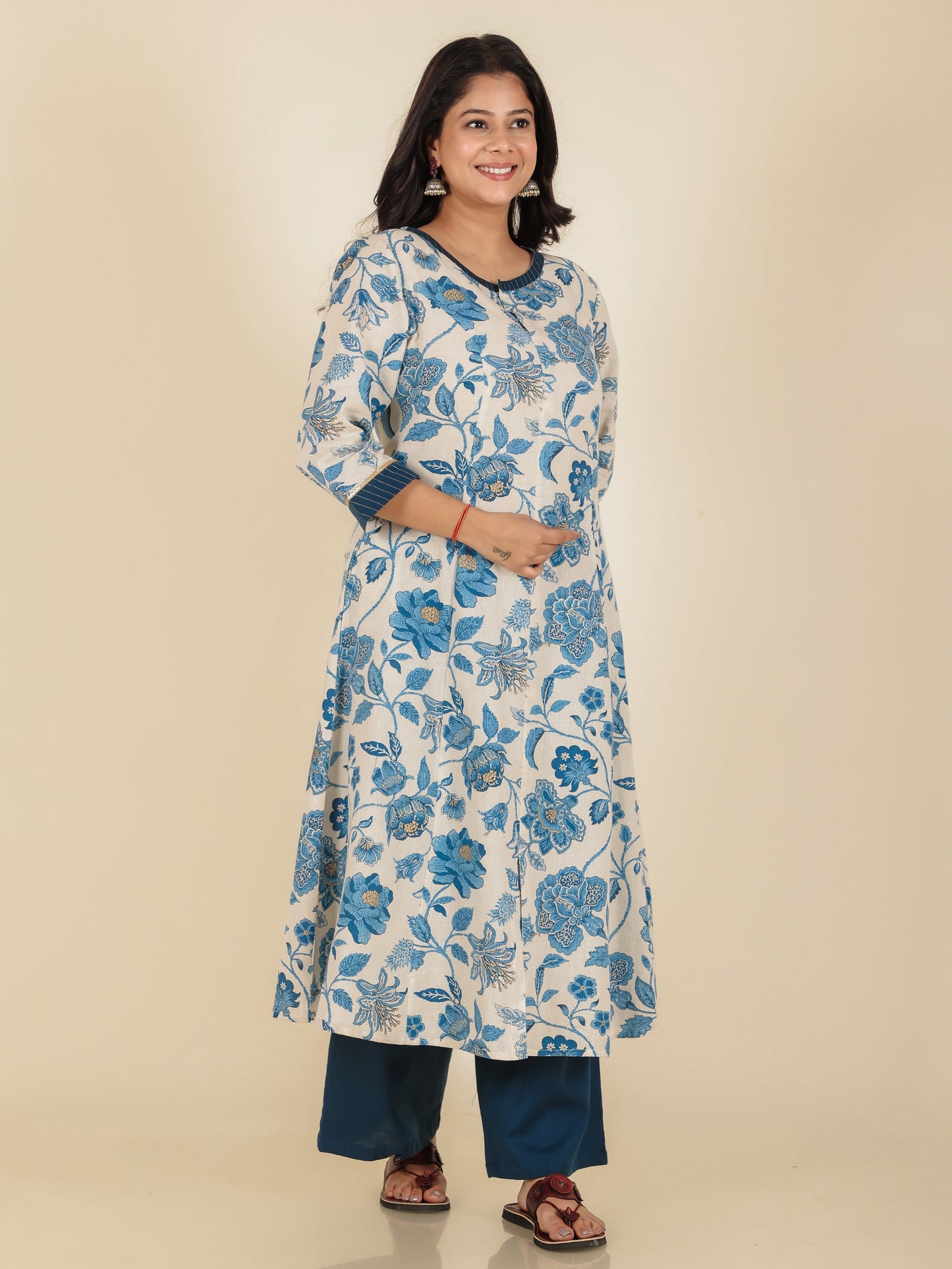 Linen Cotton Floral A-line Cream Kurta