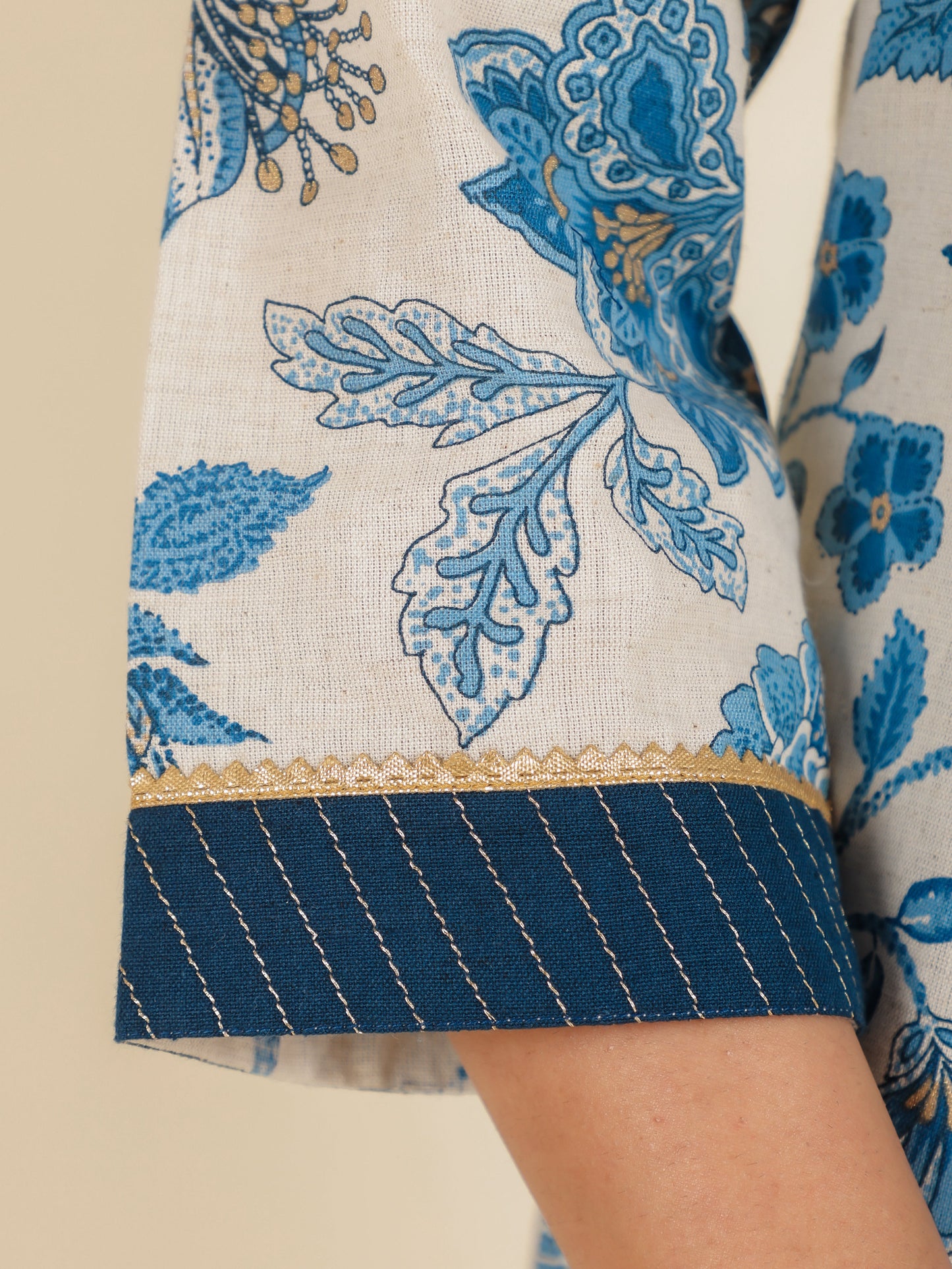 Linen Cotton Floral A-line Cream Kurta