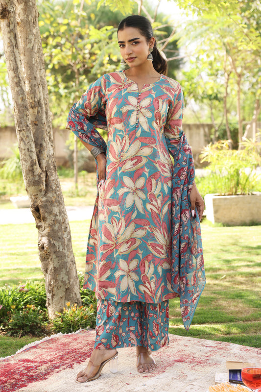 Cotton Voile Floral Blue Dupatta