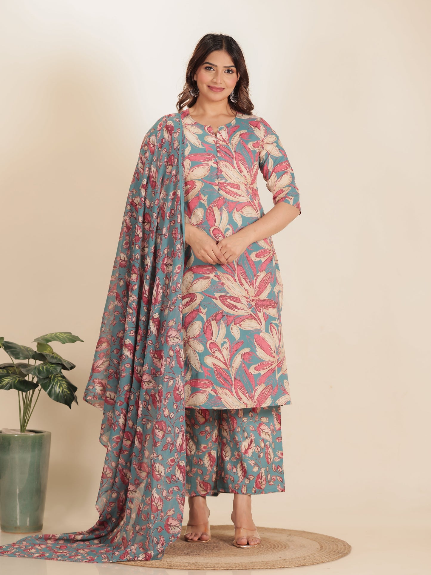 Voile Cotton Floral Blue Dupatta