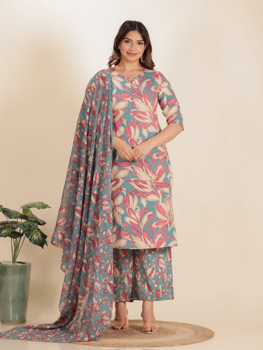 Voile Cotton Floral Blue Dupatta