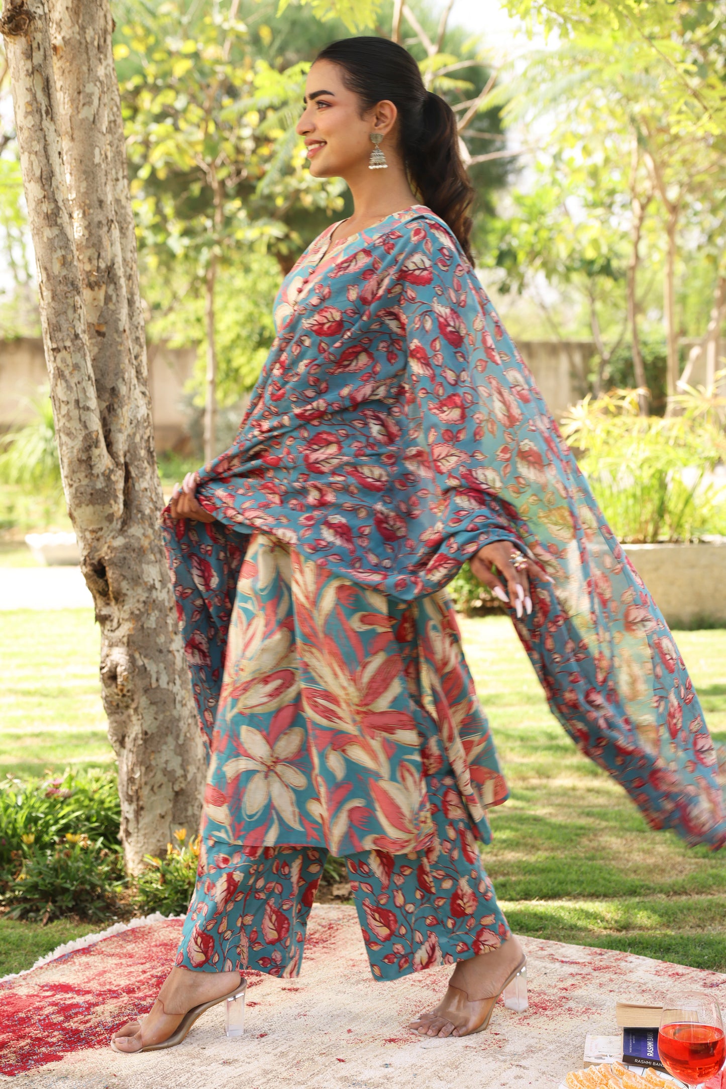 Cotton Voile Floral Blue Dupatta
