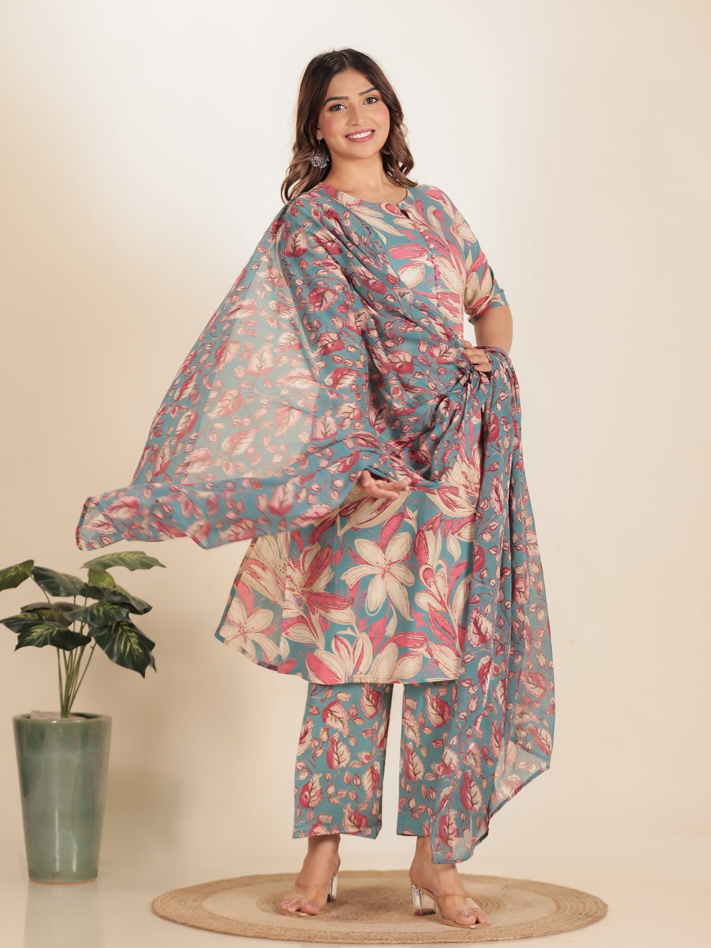 Voile Cotton Floral Blue Dupatta