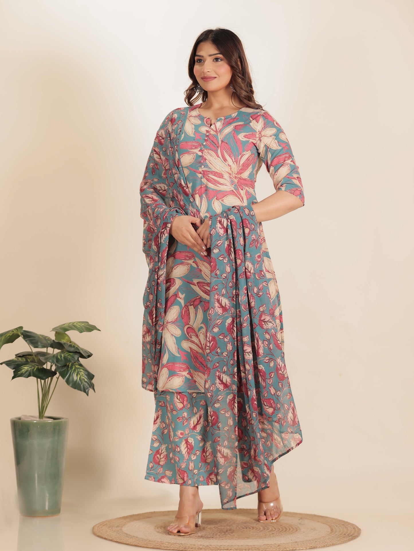 Voile Cotton Floral Blue Dupatta