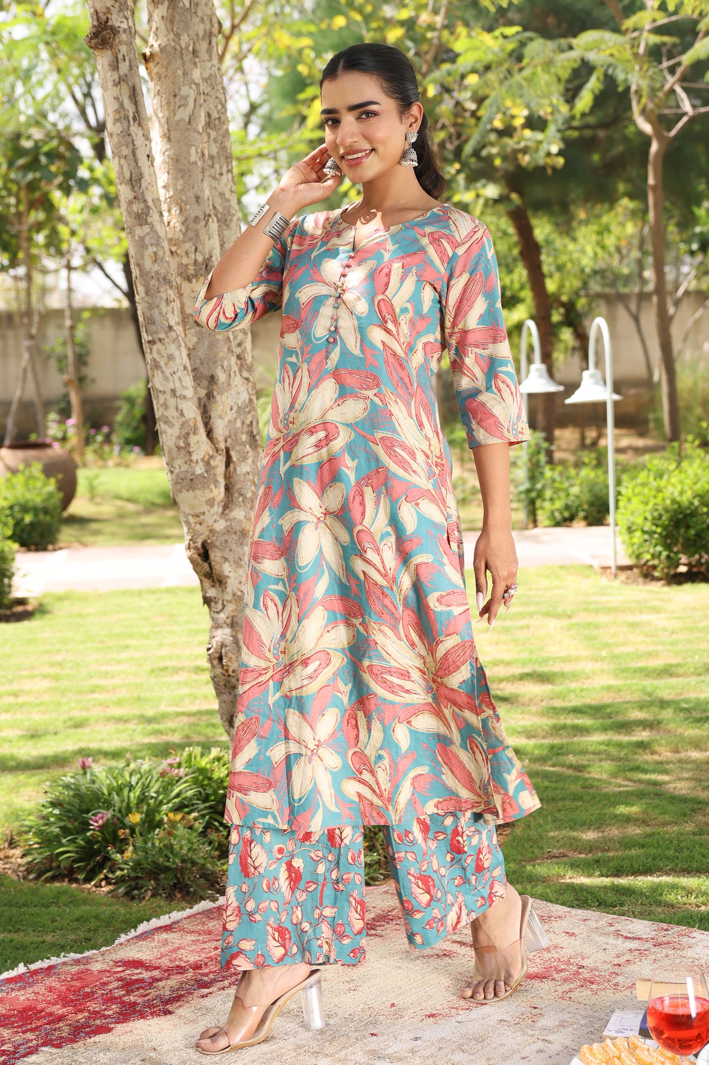 Soft Cotton Floral A-line Blue Kurta