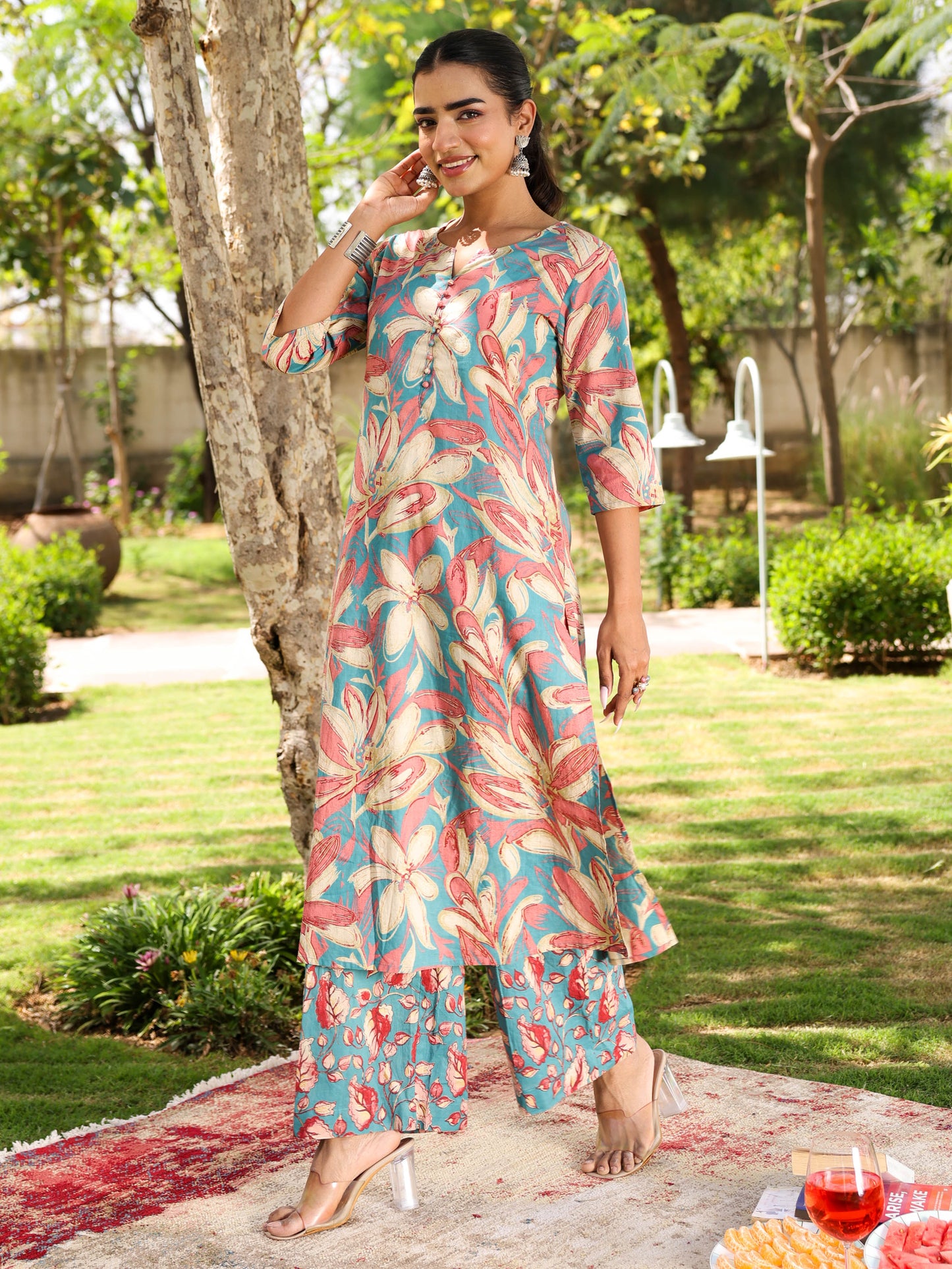 Soft Cotton Floral A-line Blue Kurta