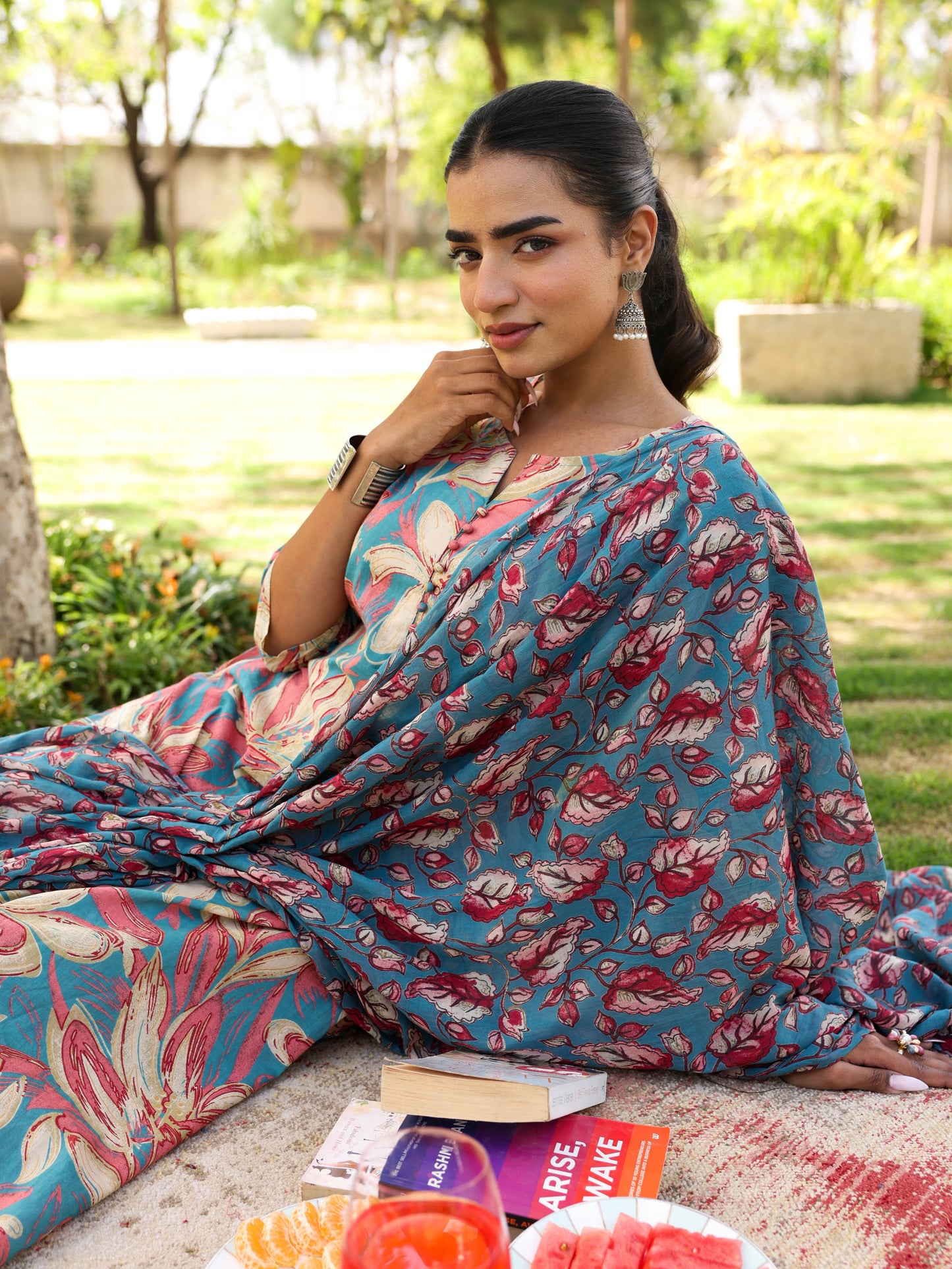 Soft Cotton Floral A-line Blue Kurta