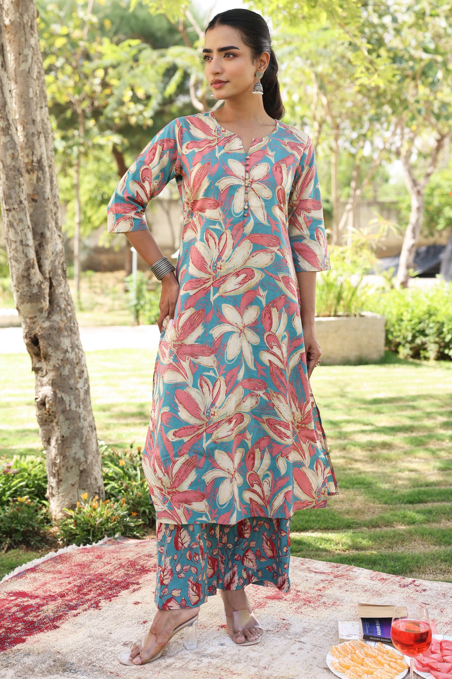 Soft Cotton Floral A-line Blue Kurta
