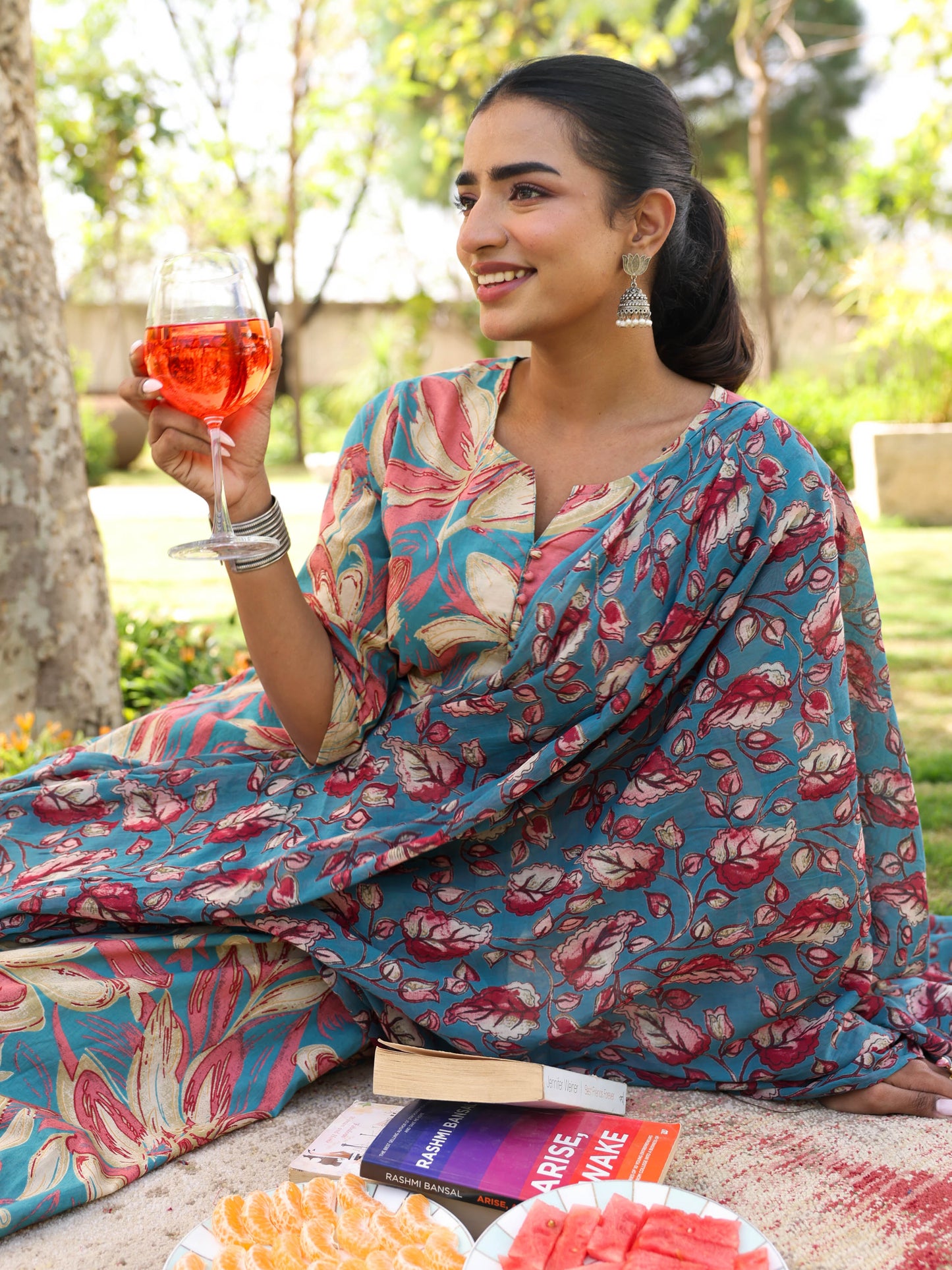 Soft Cotton Floral A-line Blue Kurta