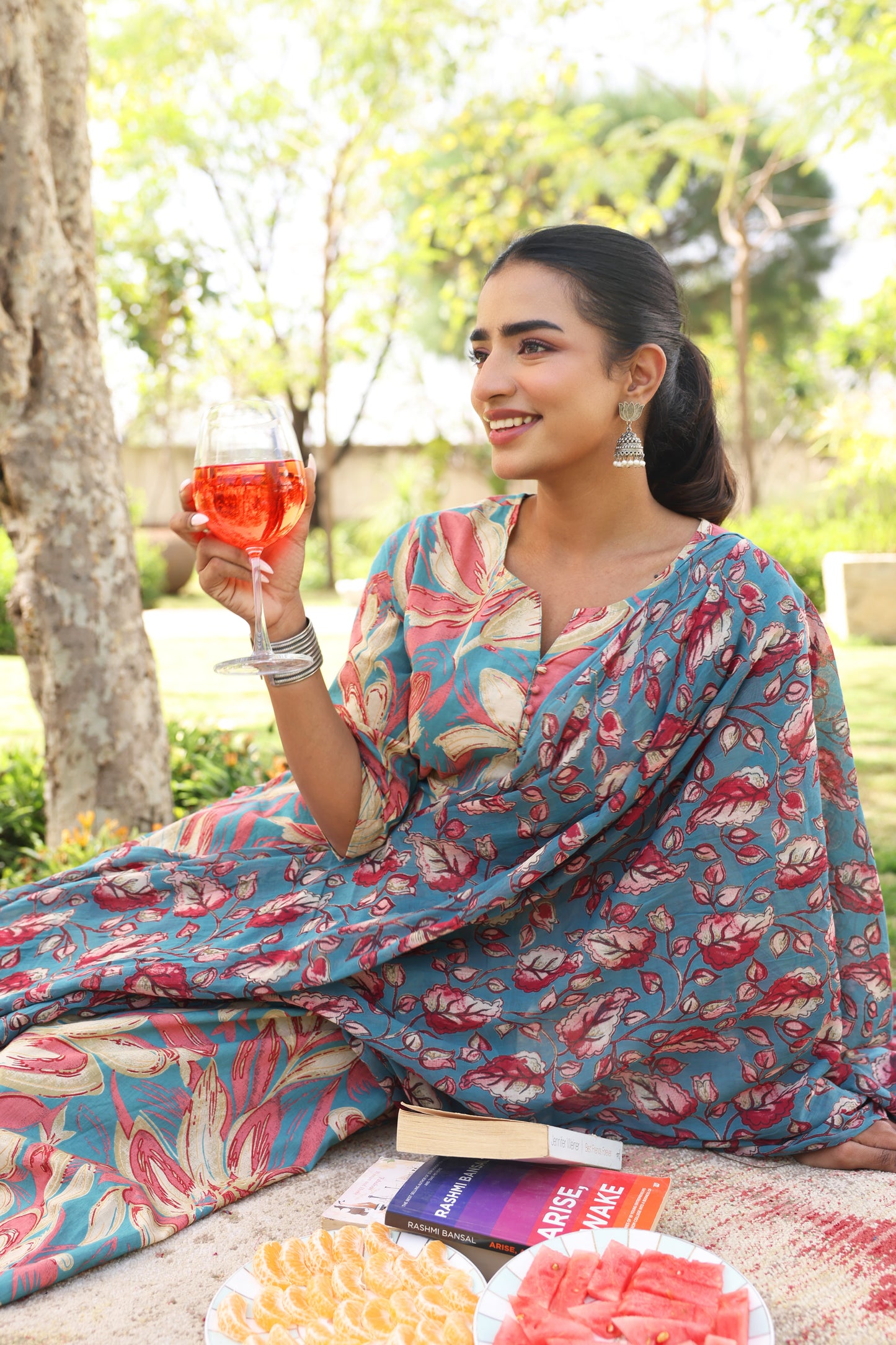 Soft Cotton Floral A-line Blue Kurta