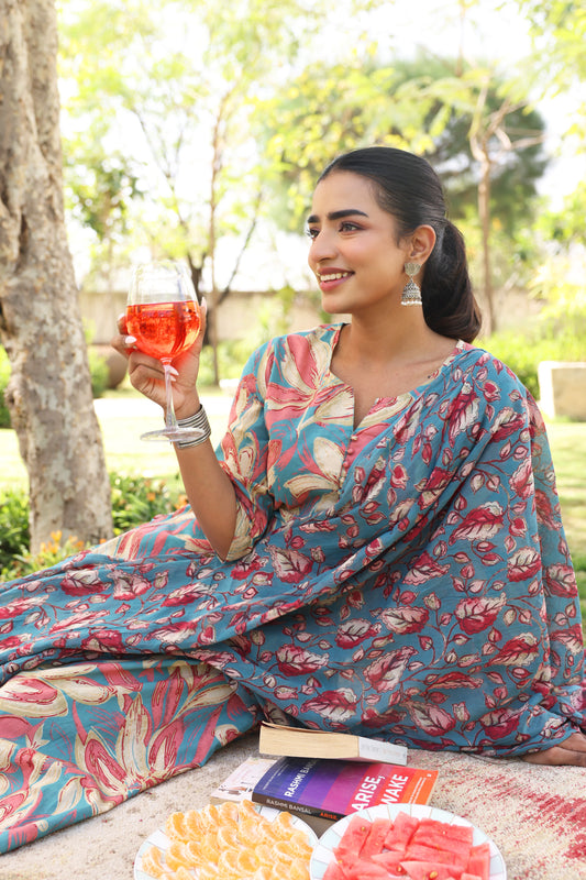 Soft Cotton Floral A-line Blue Kurta