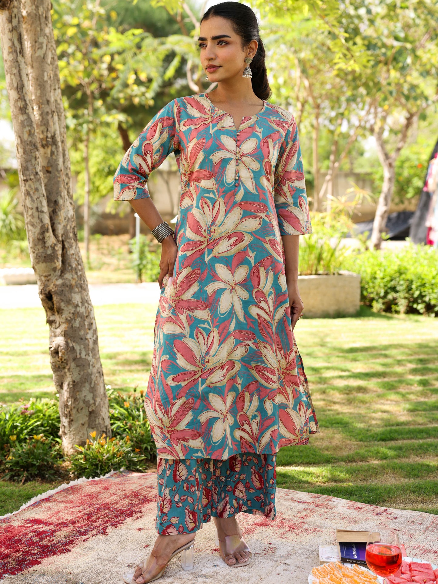 Soft Cotton Floral A-line Blue Kurta