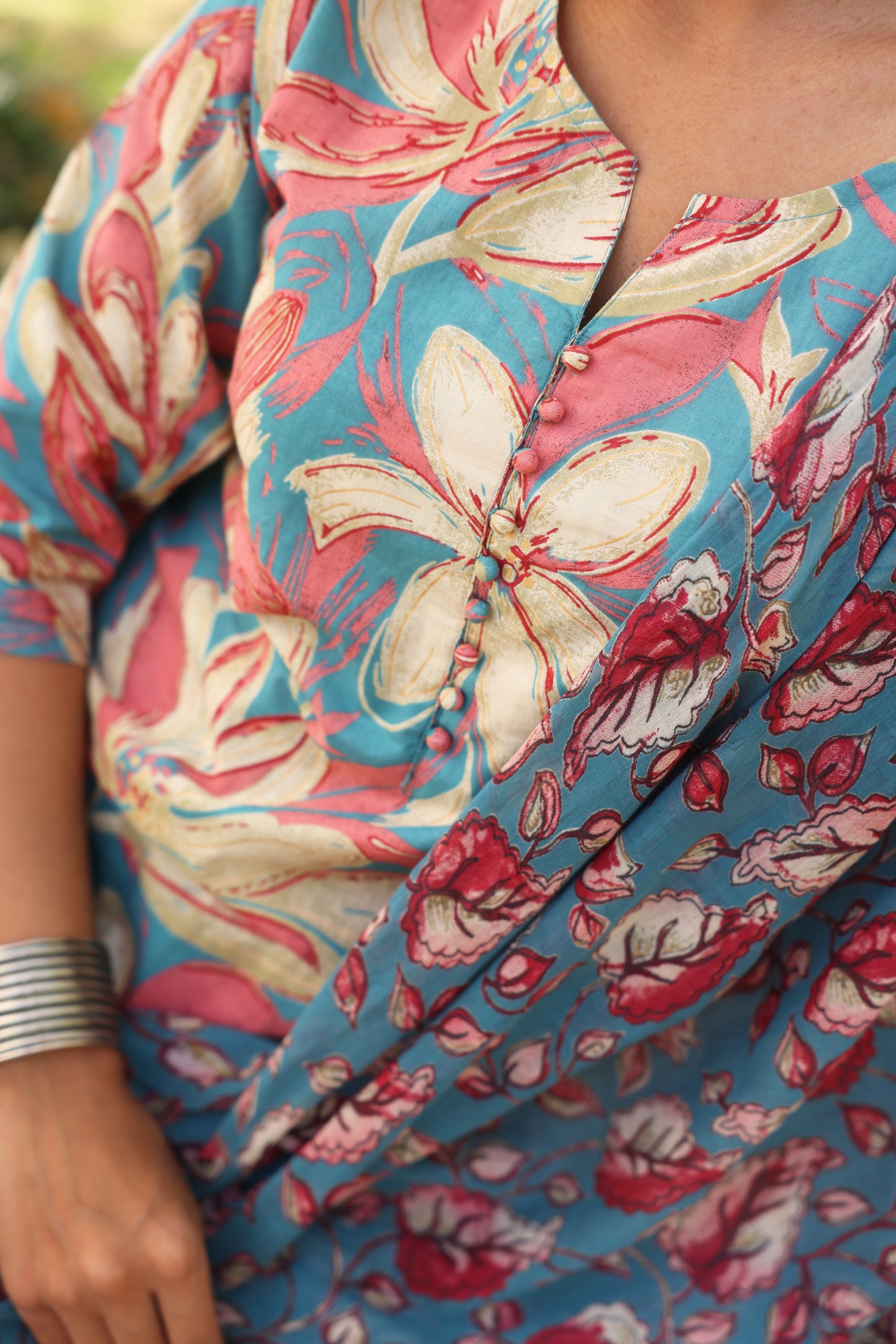 Soft Cotton Floral A-line Blue Kurta