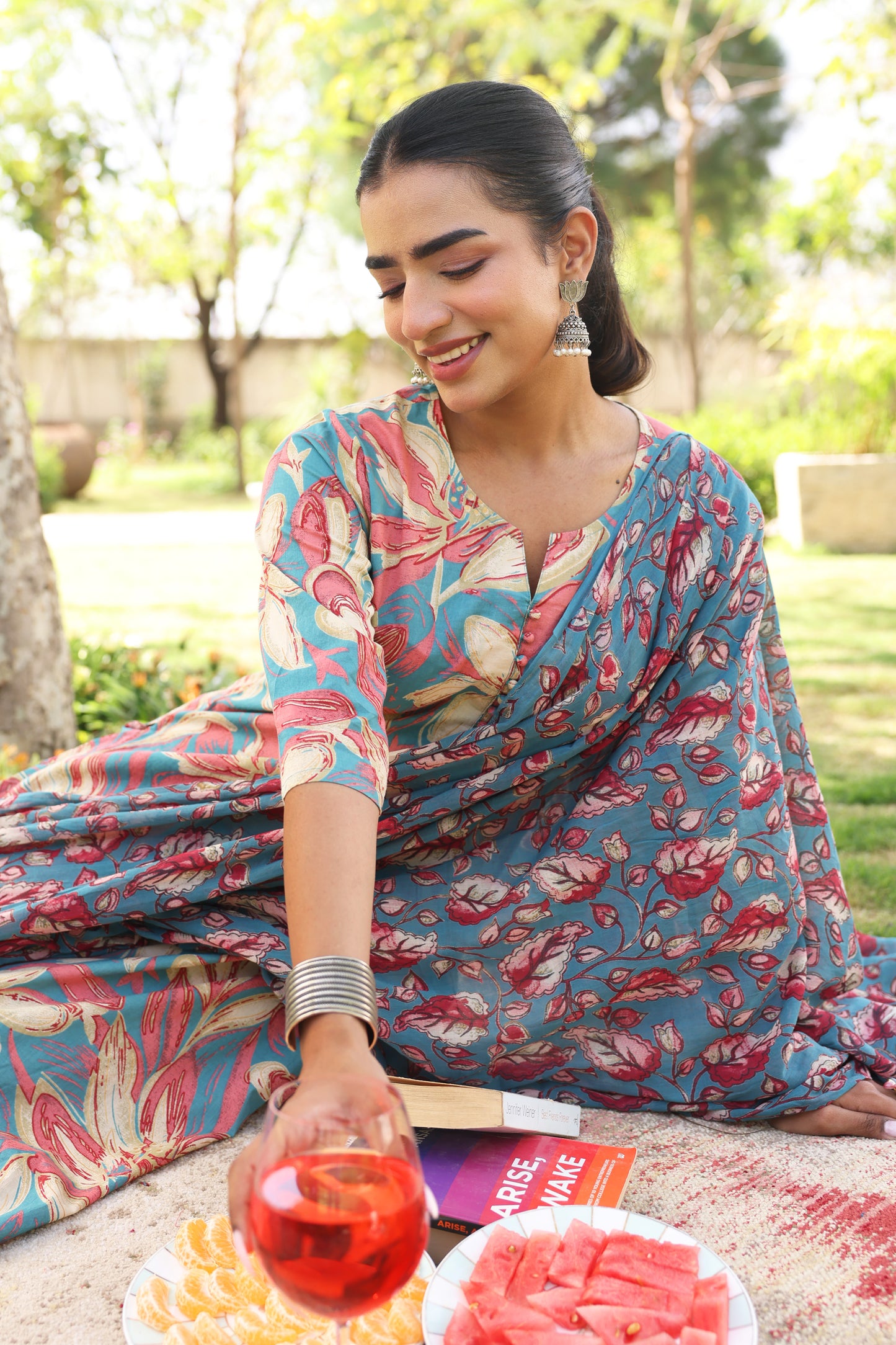 Soft Cotton Floral A-line Blue Kurta