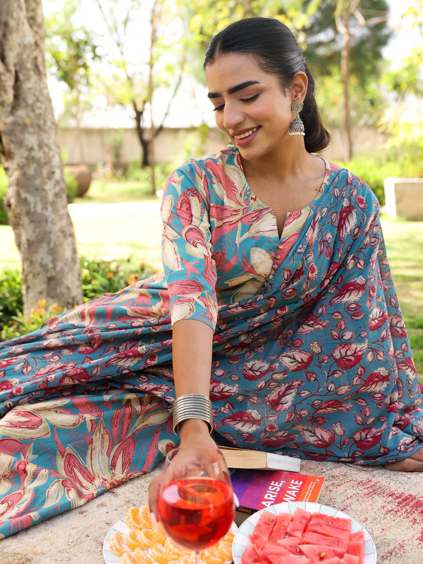 Soft Cotton Floral A-line Blue Kurta