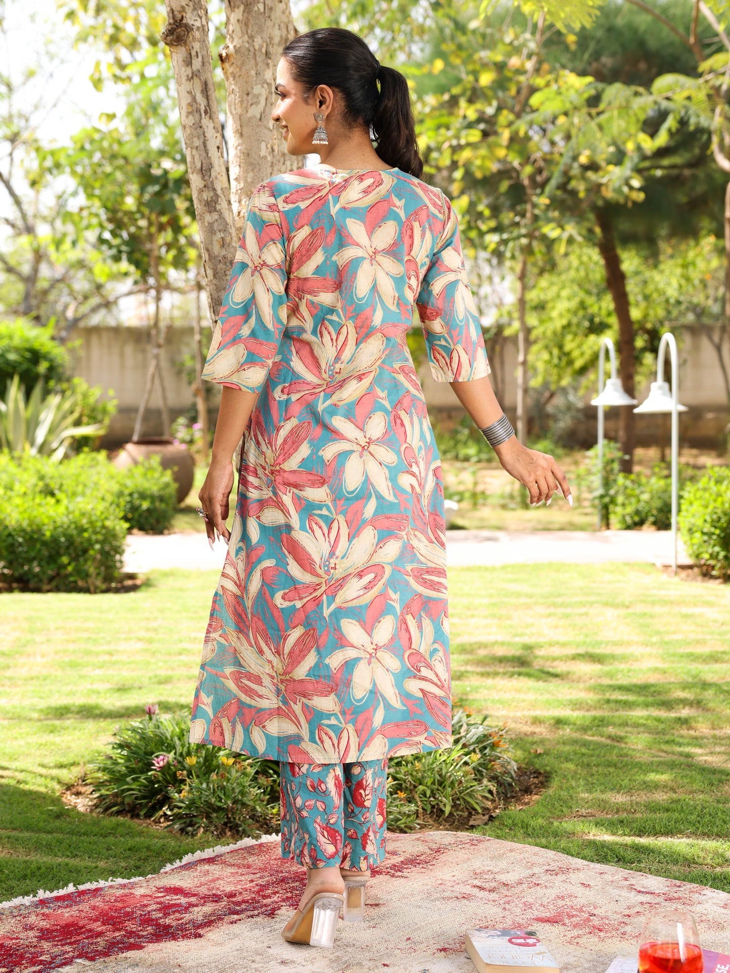 Soft Cotton Floral A-line Blue Kurta