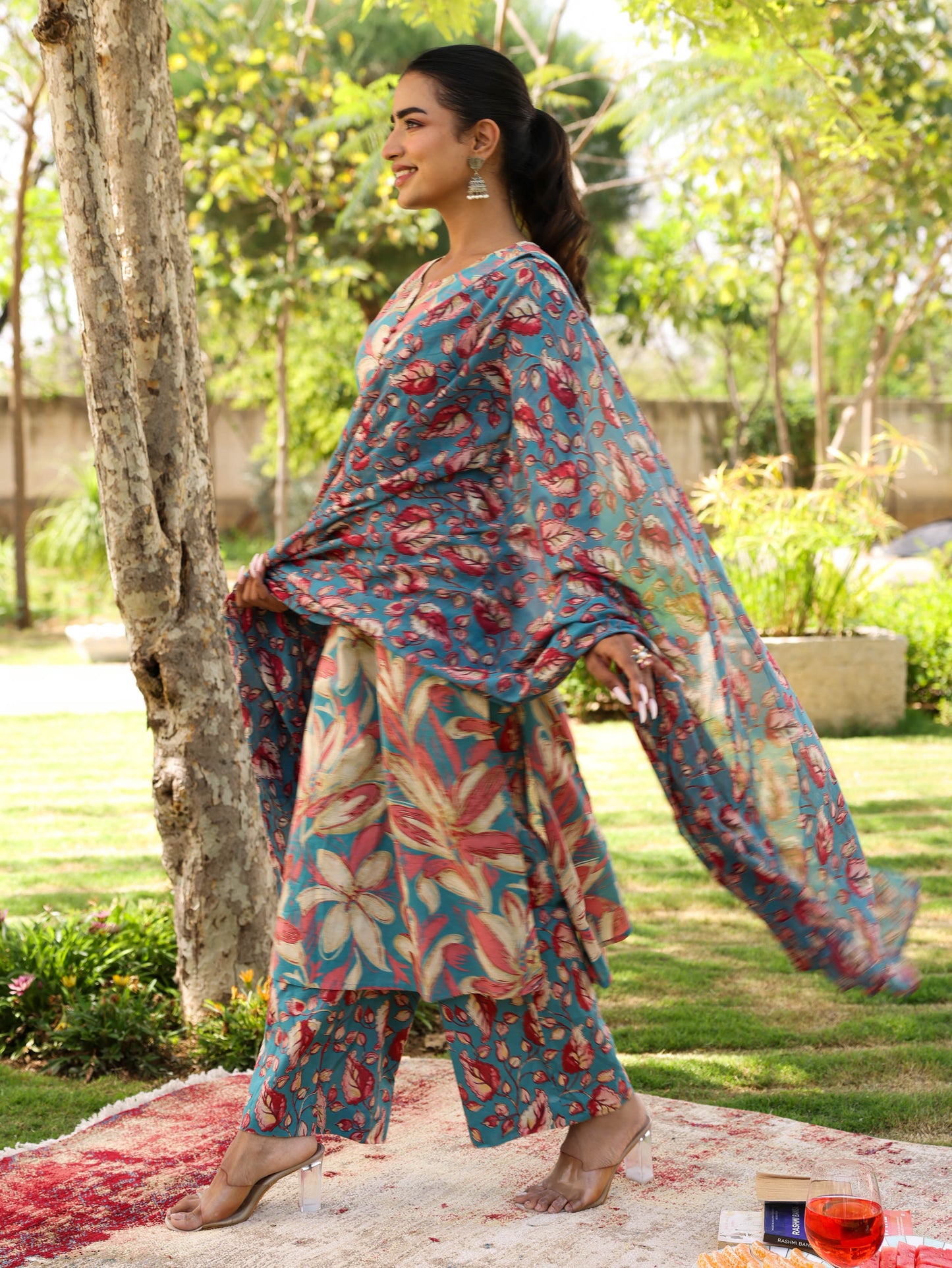 Soft Cotton Floral A-line Blue Kurta