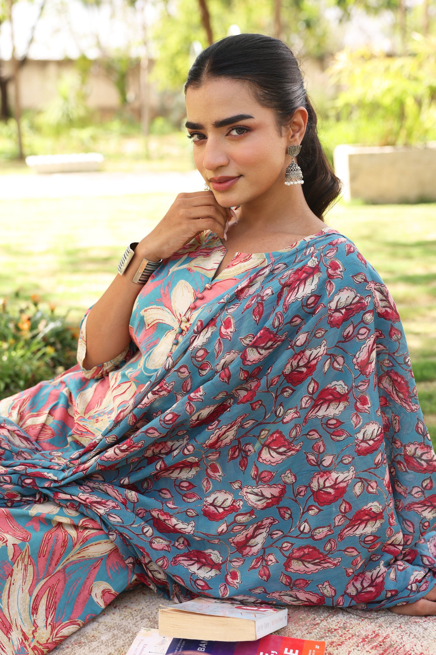 Soft Cotton Floral A-line Blue Kurta