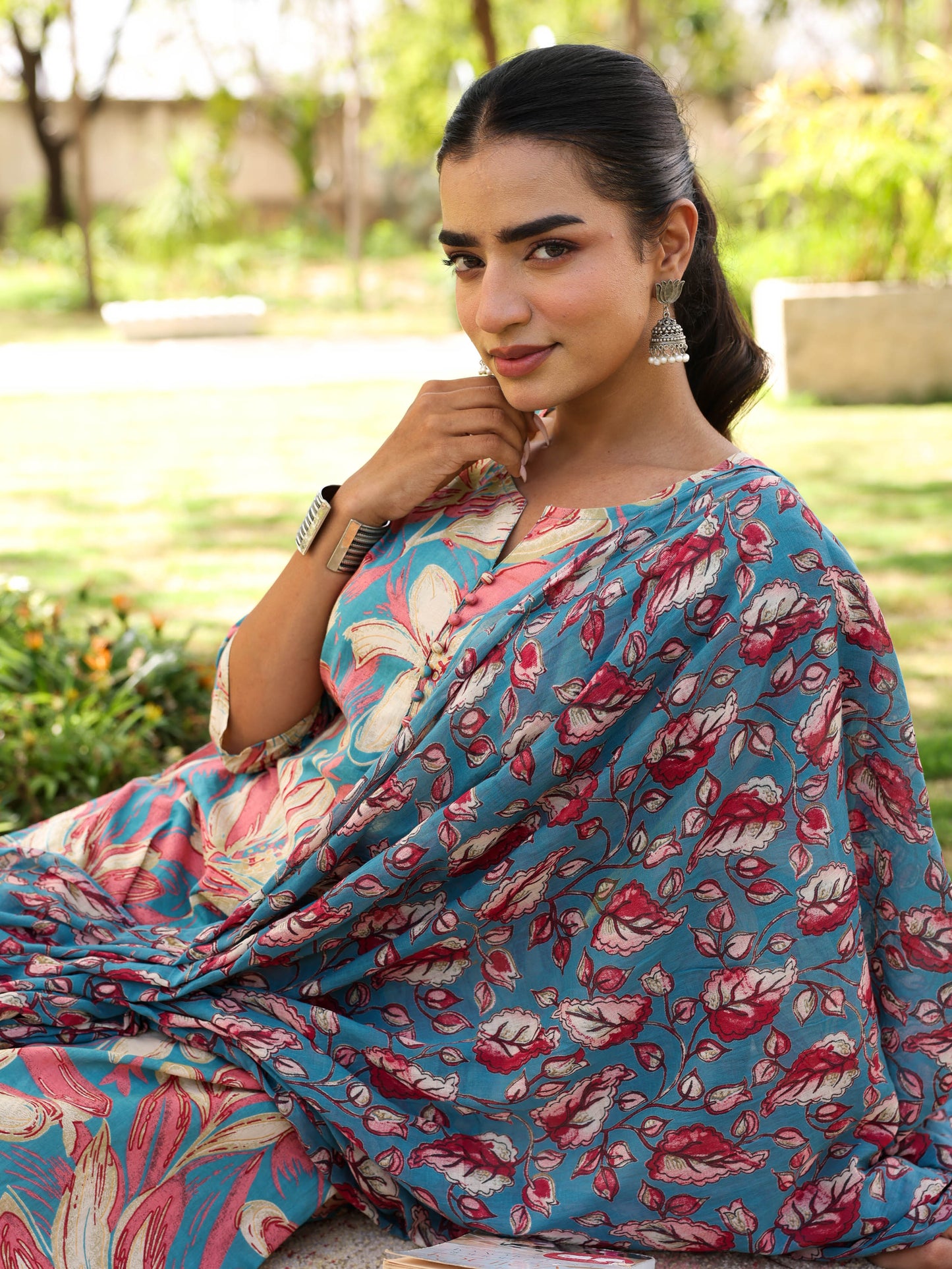 Soft Cotton Floral A-line Blue Kurta