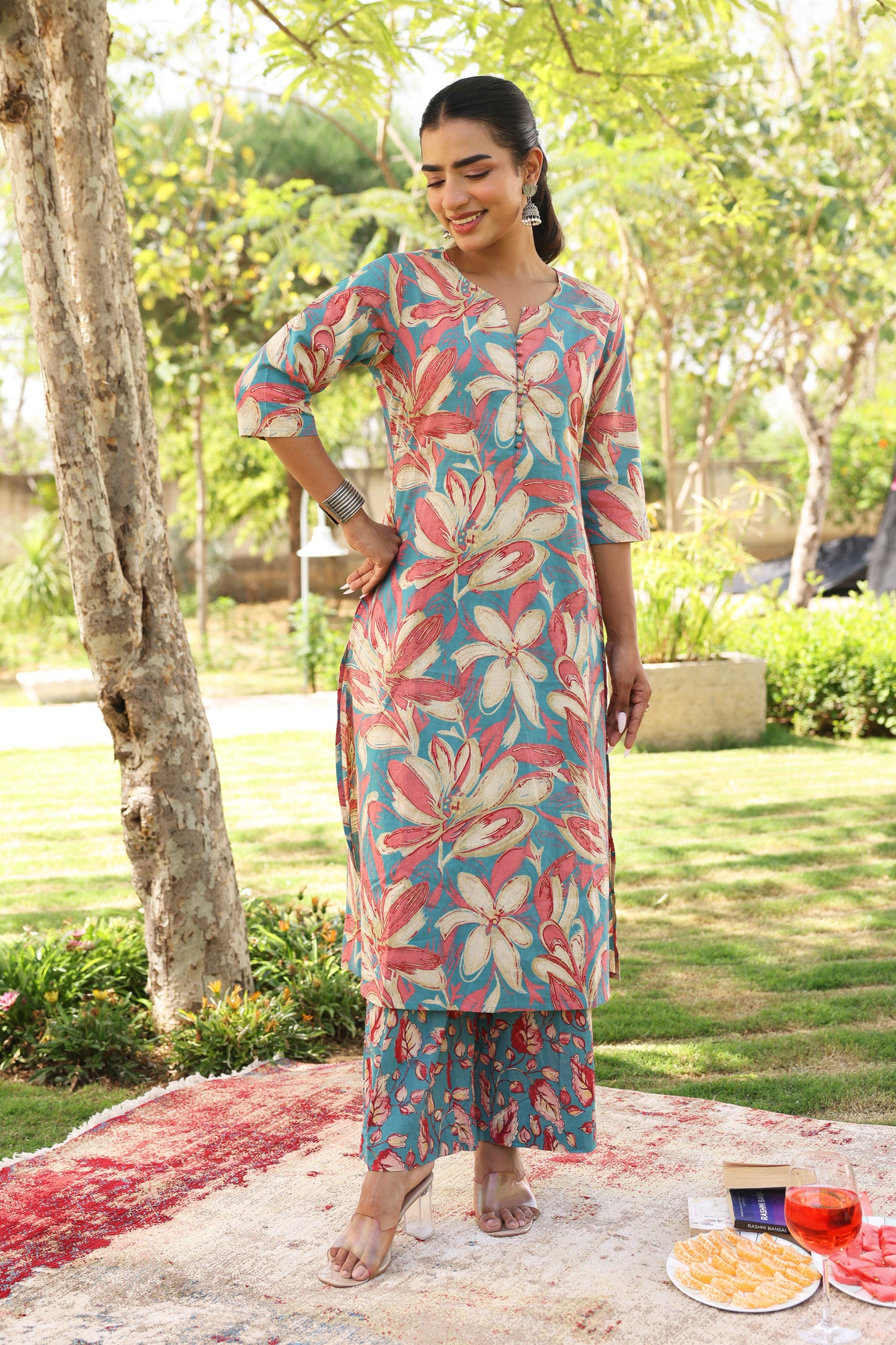 Soft Cotton Floral A-line Blue Kurta