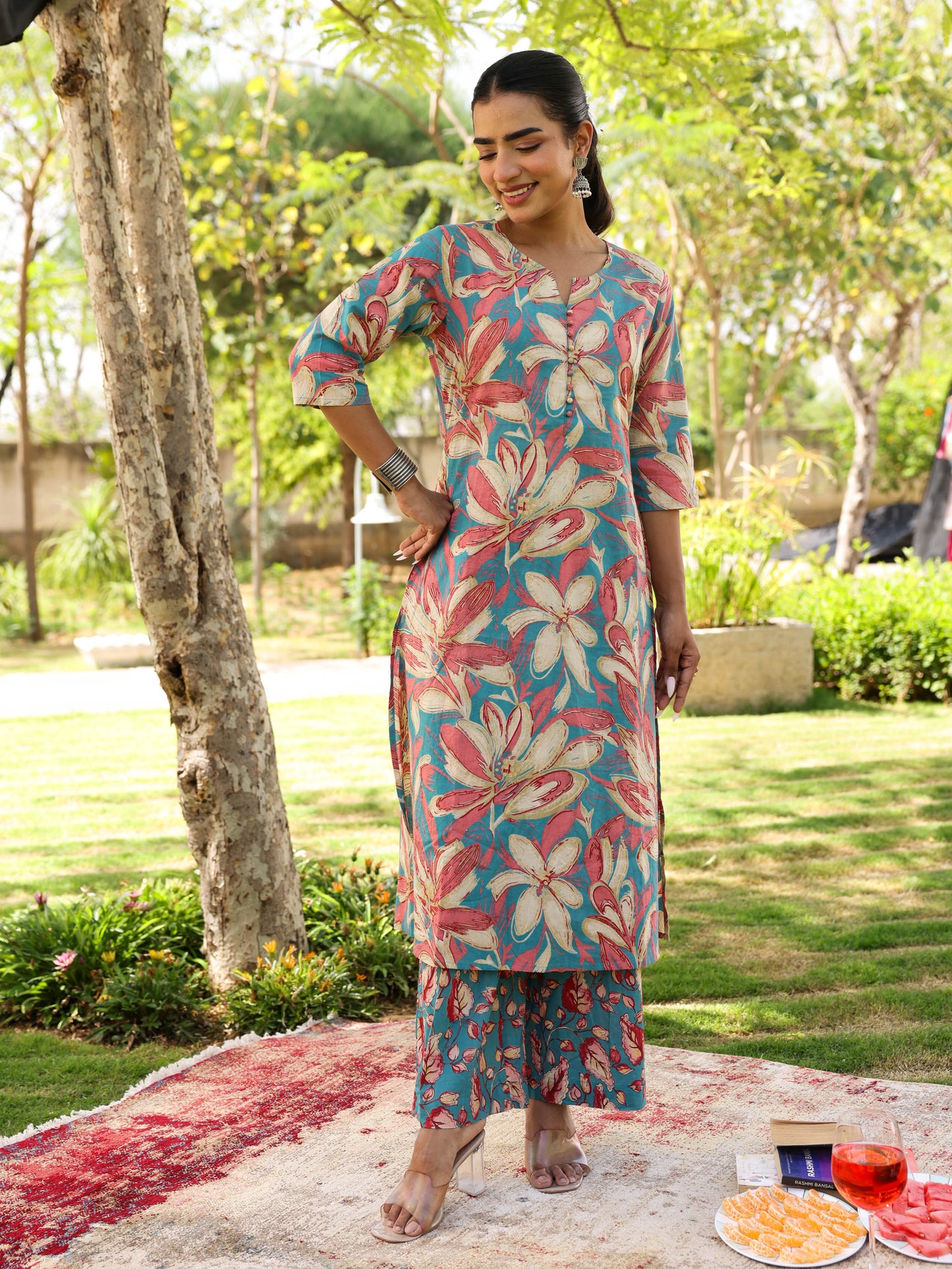 Soft Cotton Floral A-line Blue Kurta