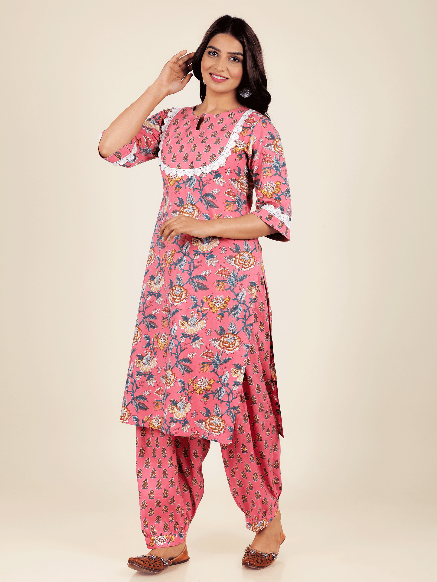 Soft Cotton Floral Straight Pink Kurta