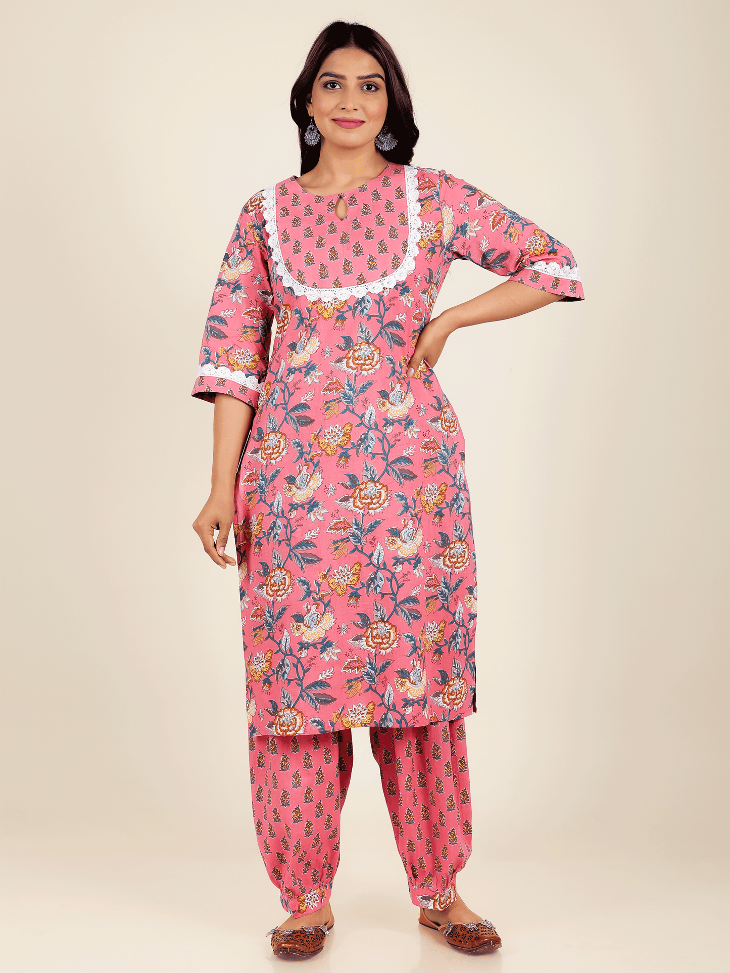 Soft Cotton Floral Straight Pink Kurta