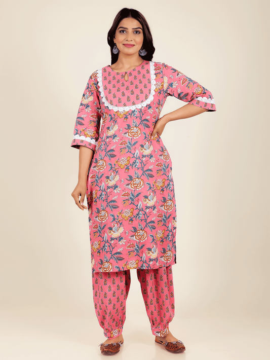 Soft Cotton Floral Straight Pink Kurta
