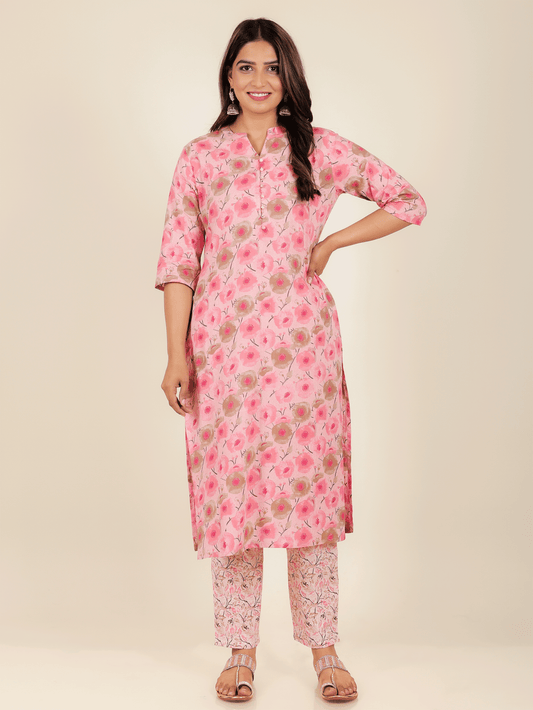 Soft Cotton Floral Straight Pink Kurta