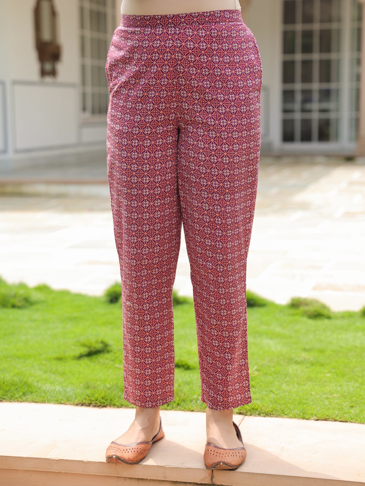 Soft Cotton Geometric Pink Tapered Trousers