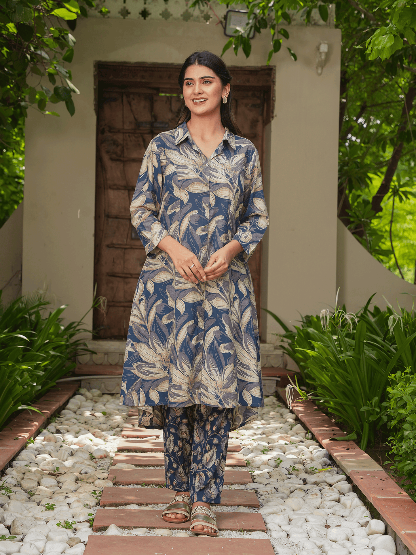 Soft Cotton Floral High Low Blue Kurta