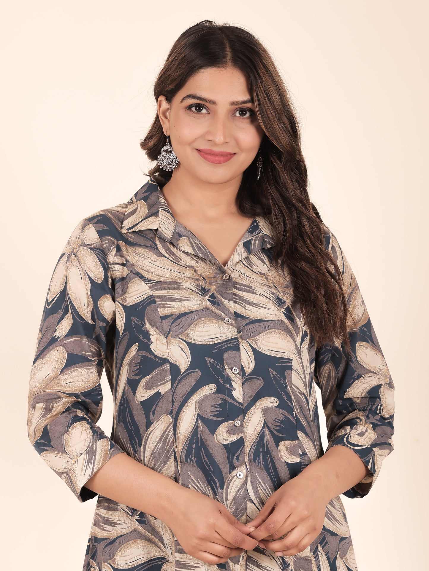 Soft Cotton Floral High Low Blue Kurta