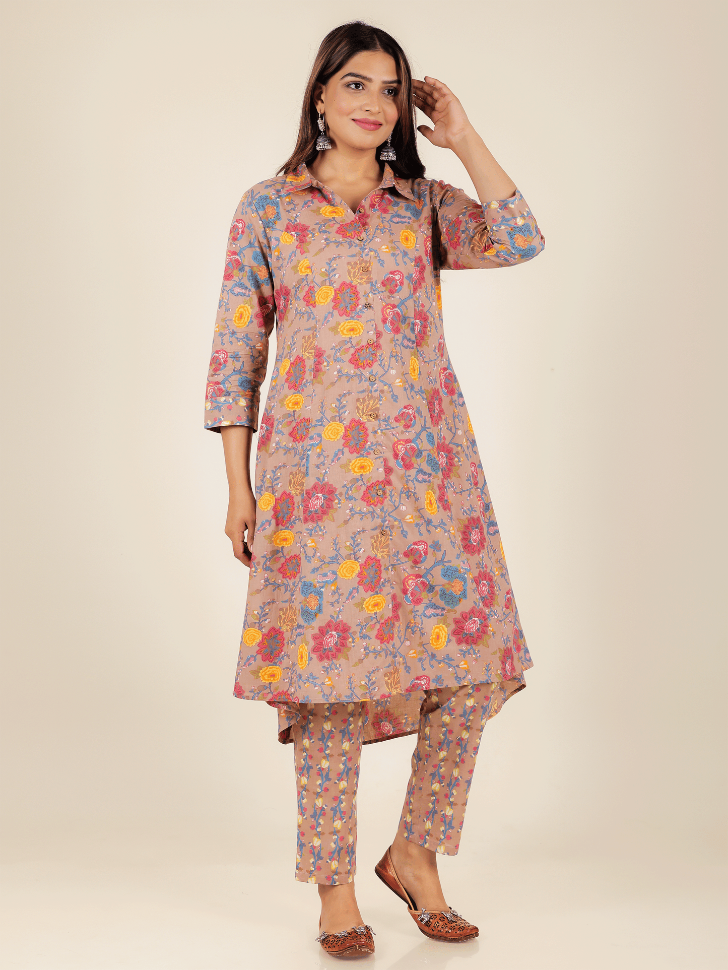 Embroidered Soft Cotton Floral High Low Brown Kurta