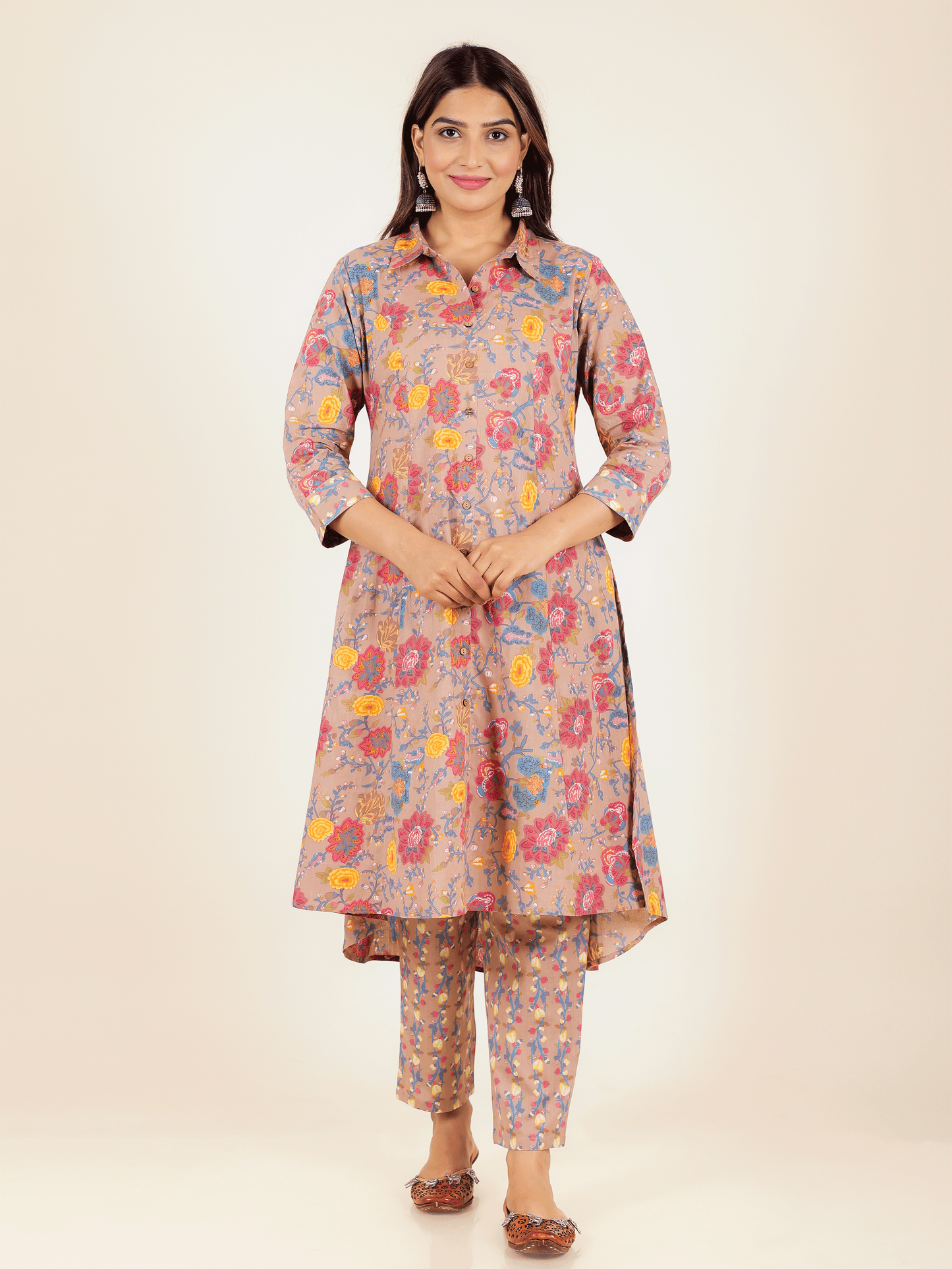 Soft Cotton Floral High Low Brown Kurta