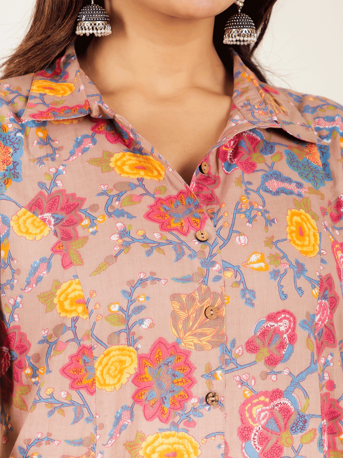 Embroidered Soft Cotton Floral High Low Brown Kurta