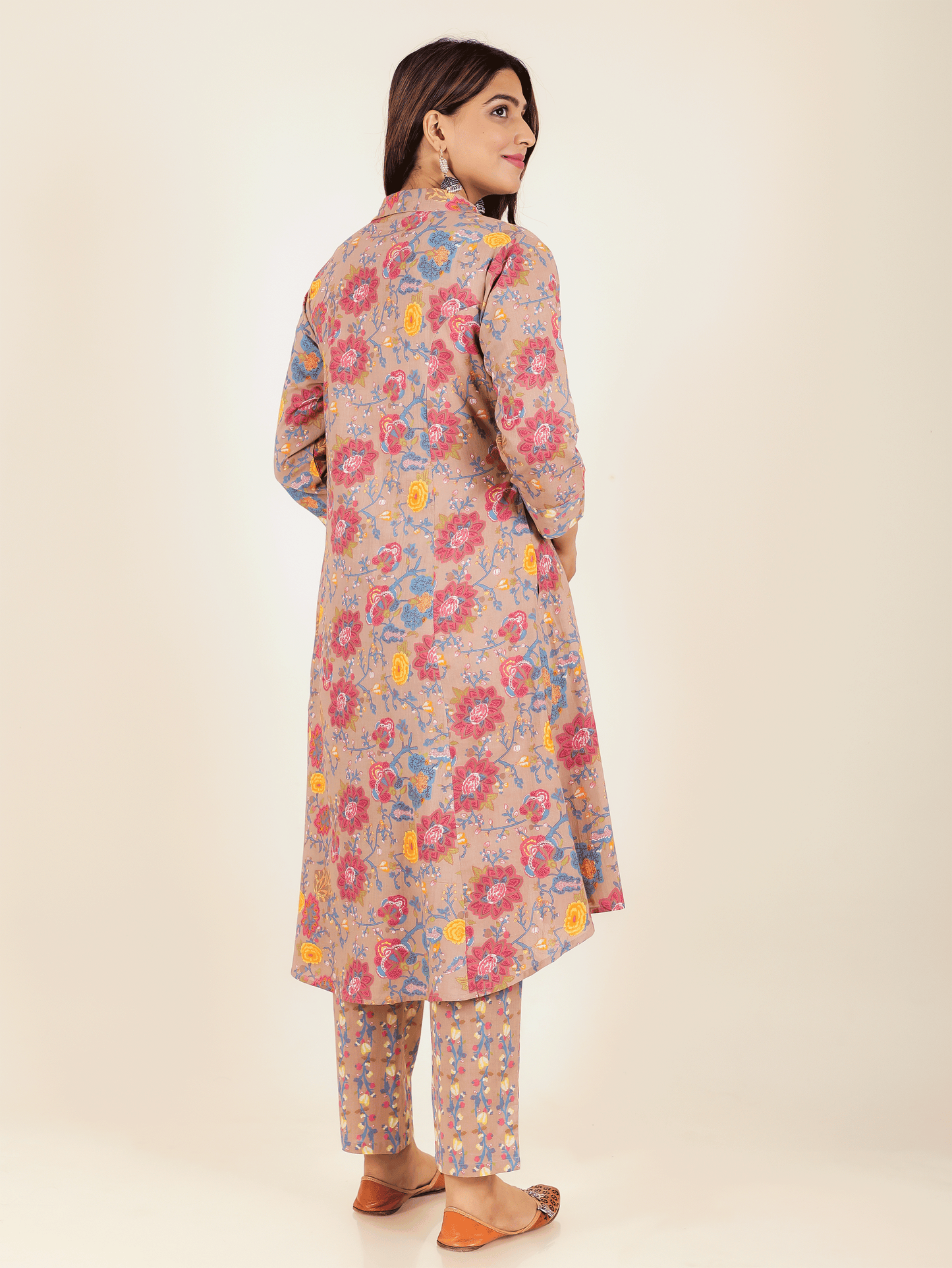 Embroidered Soft Cotton Floral High Low Brown Kurta